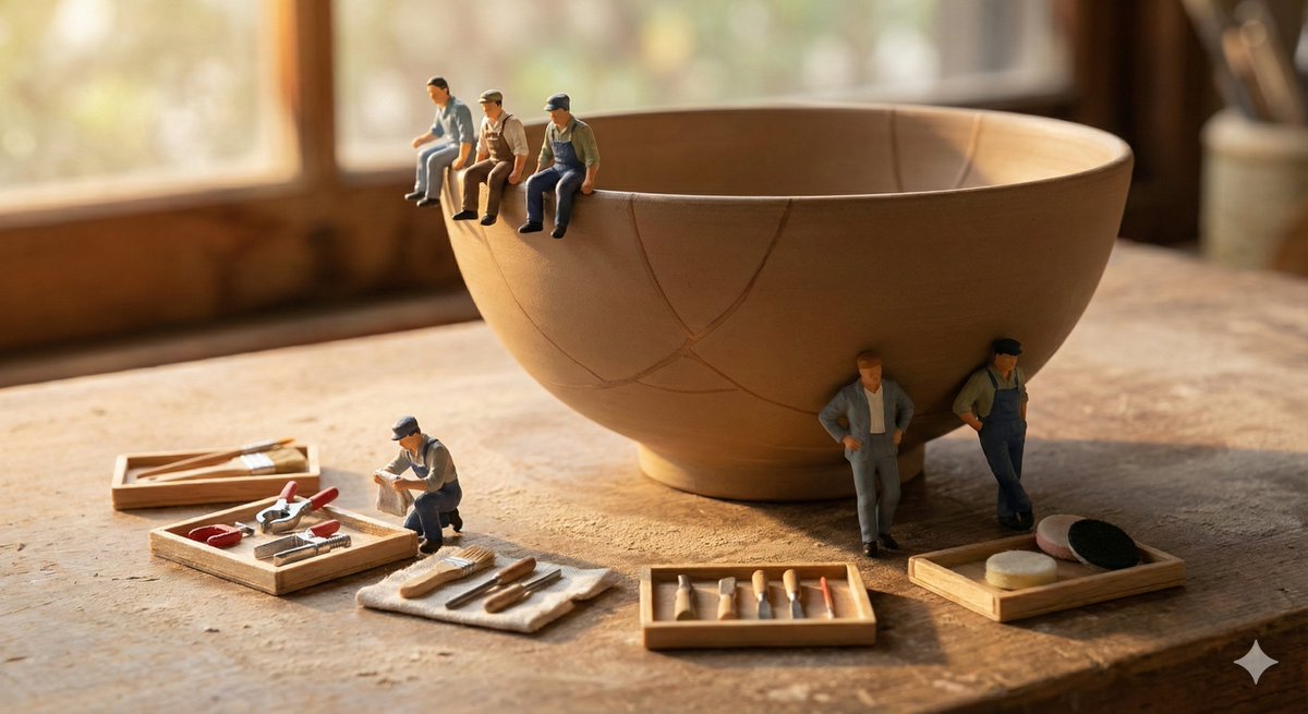 Miniature Pottery Workshop Scene: Detailed Craftsmen Diorama Nano Banana提示词