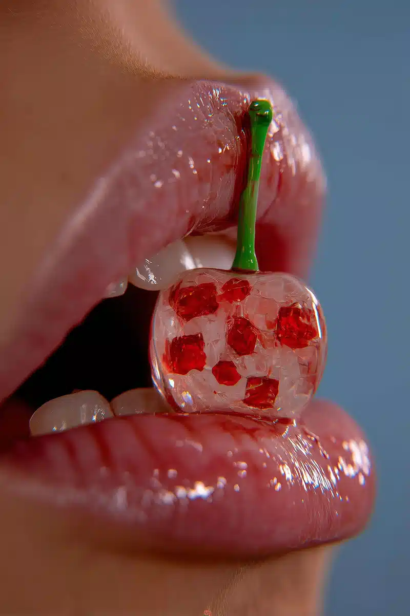 Realistic Cherry in Mouth Midjourney提示词