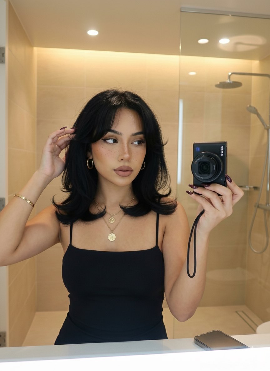 Stylish Woman Mirror Selfie - Dark Hair & Makeup Portrait Nano Banana提示词