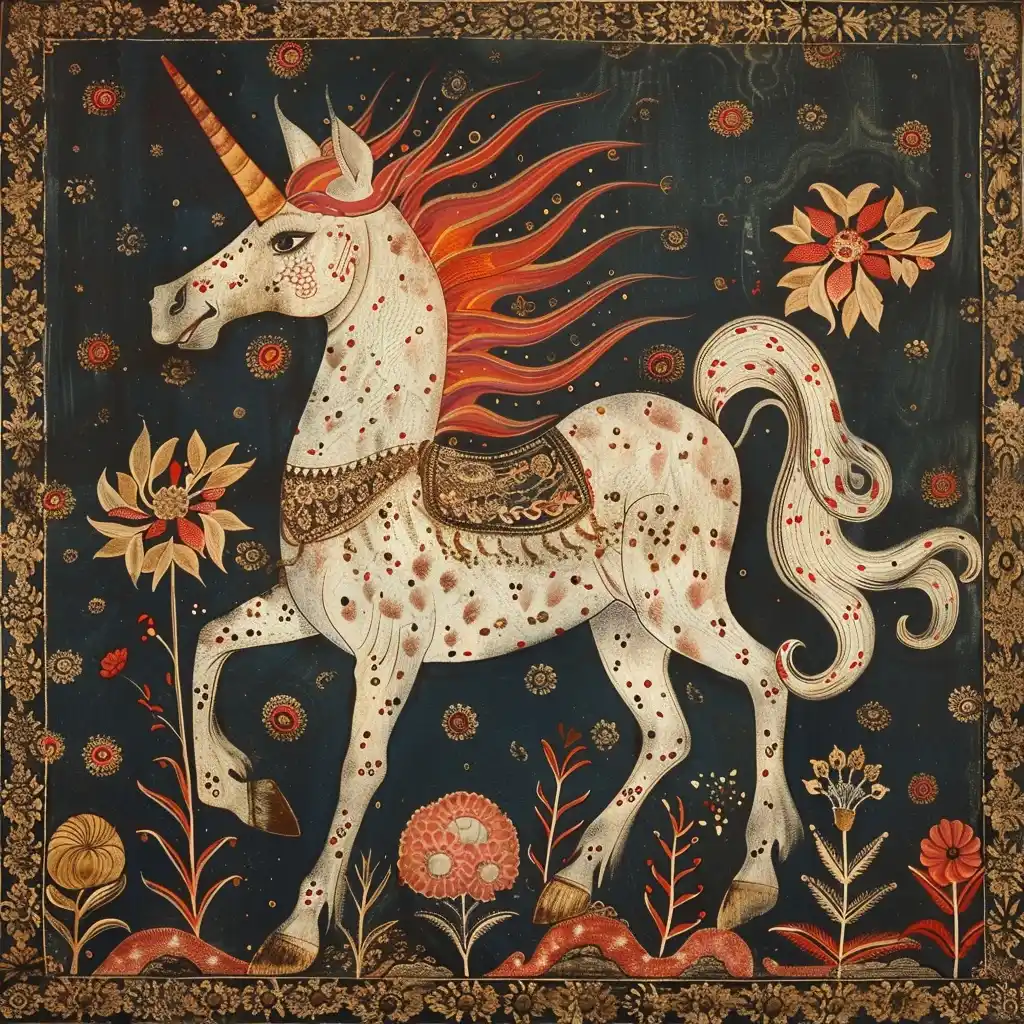 Kalamkari Unicorn Mythical Quadruped Midjourney提示词