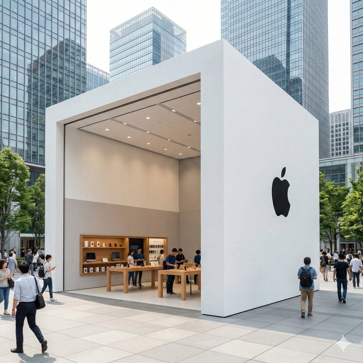 Modern Apple Store in Urban Cityscape - Minimalist Design Nano Banana提示词