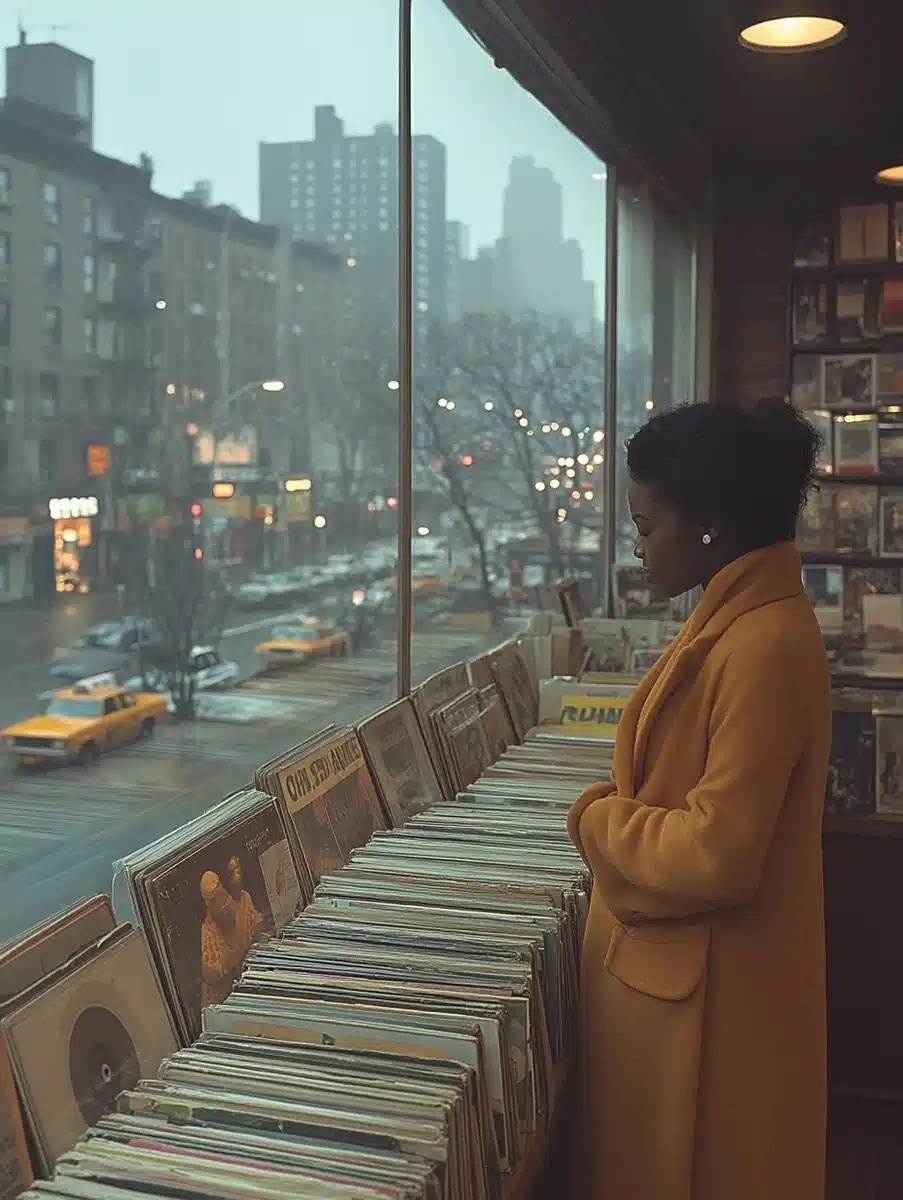Seventies Street Photography Blurred Record Shop Midjourney提示词