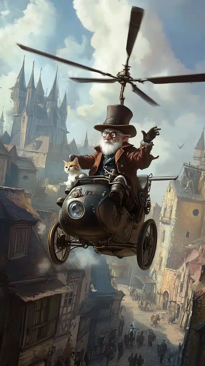 Steampunk Helicopter with Cat Midjourney提示词