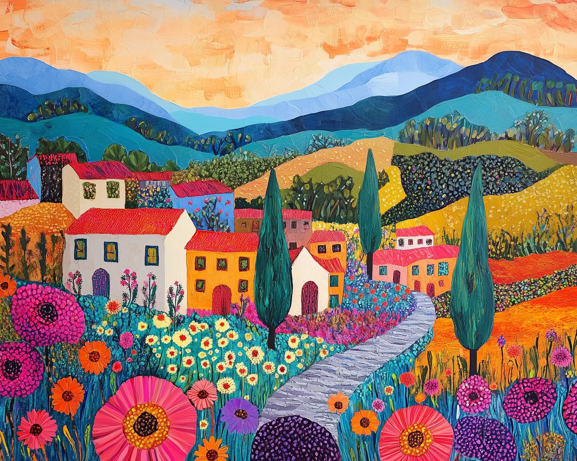 Bright Mountain Village Scene Midjourney提示词
