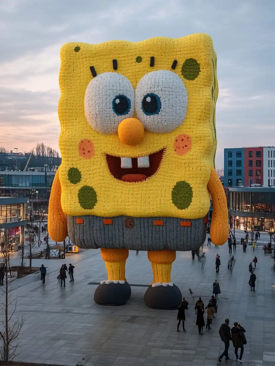 Knitted SpongeBob in City Midjourney提示词