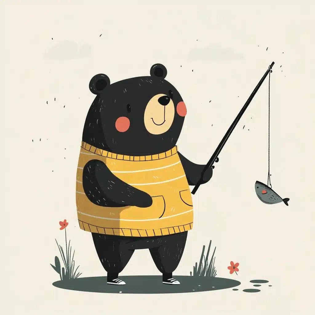 Bear Character Fishing Flat Midjourney提示词