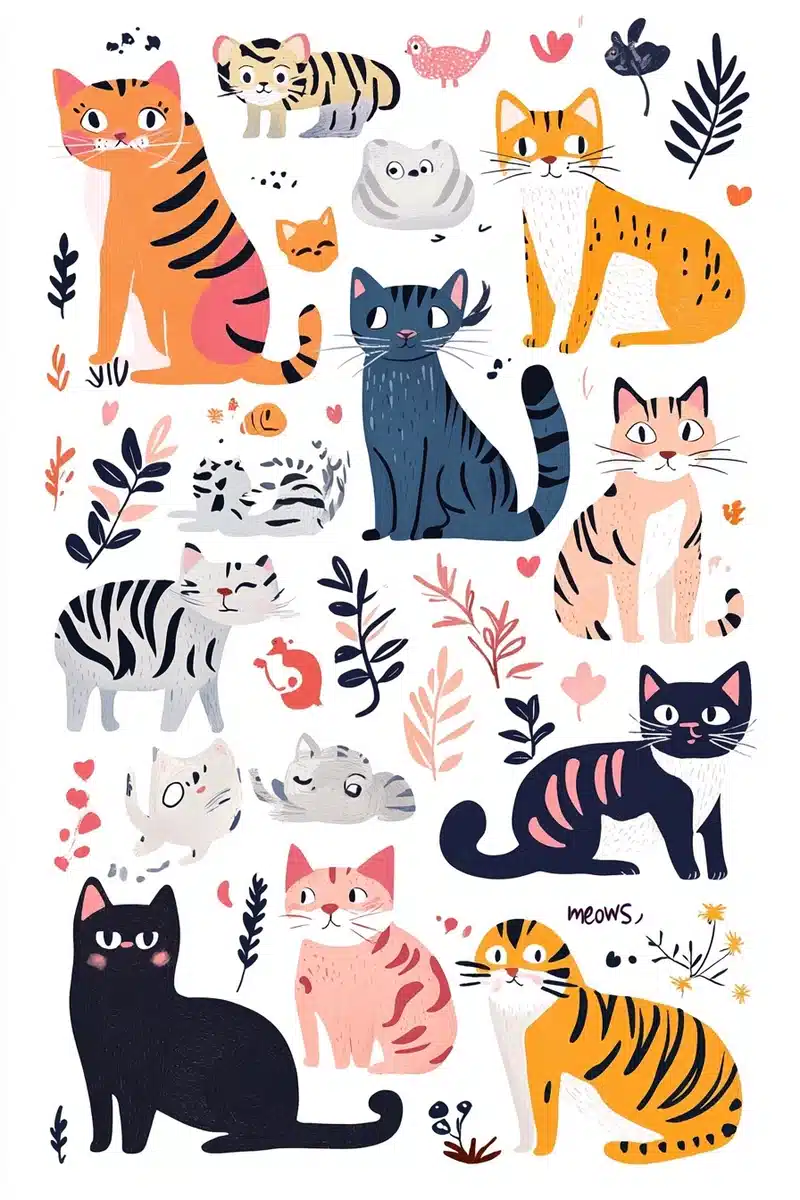 Pastel Cat and Tiger Stickers Midjourney提示词