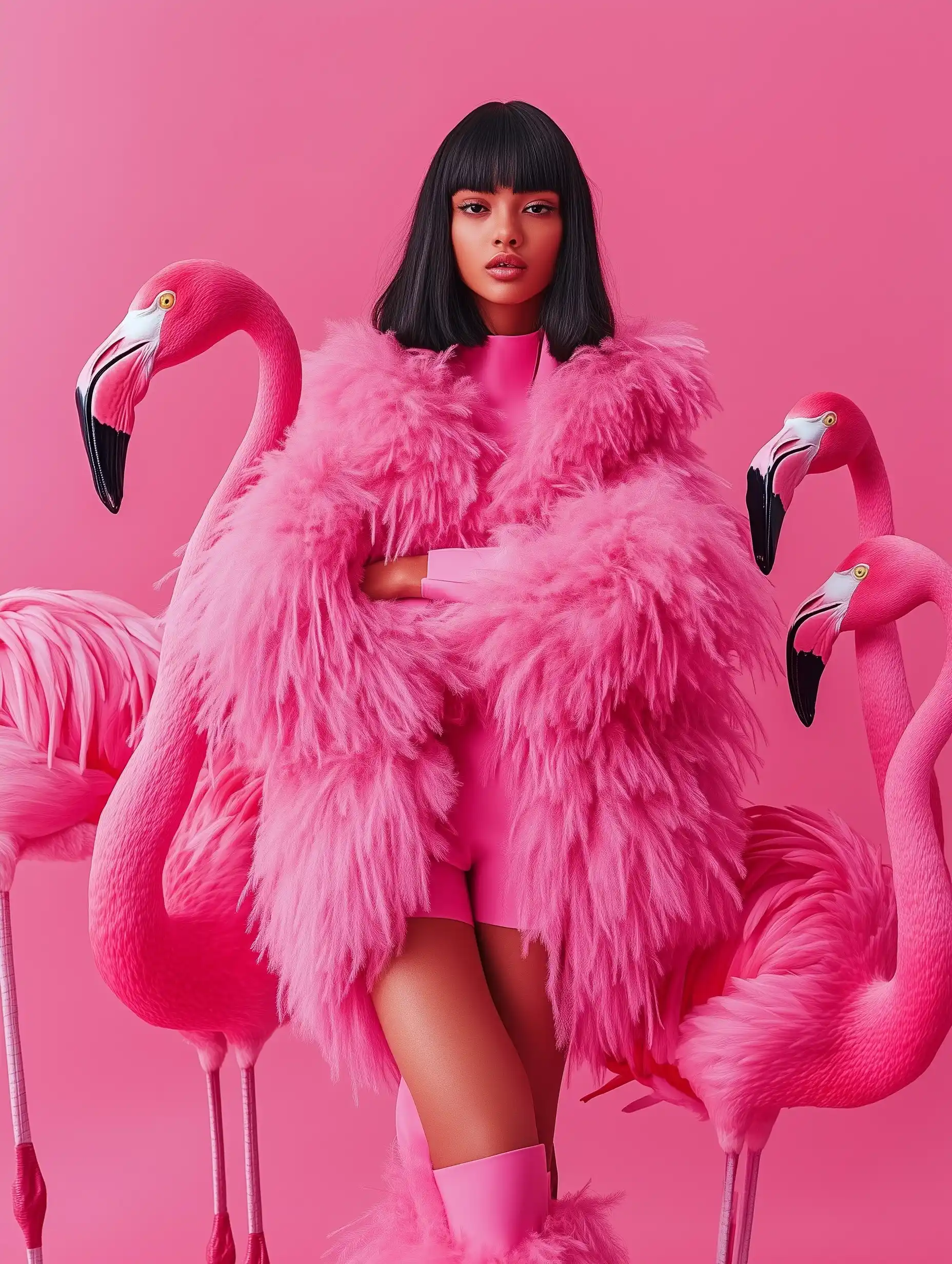 High Fashion Girl with Flamingos Midjourney提示词