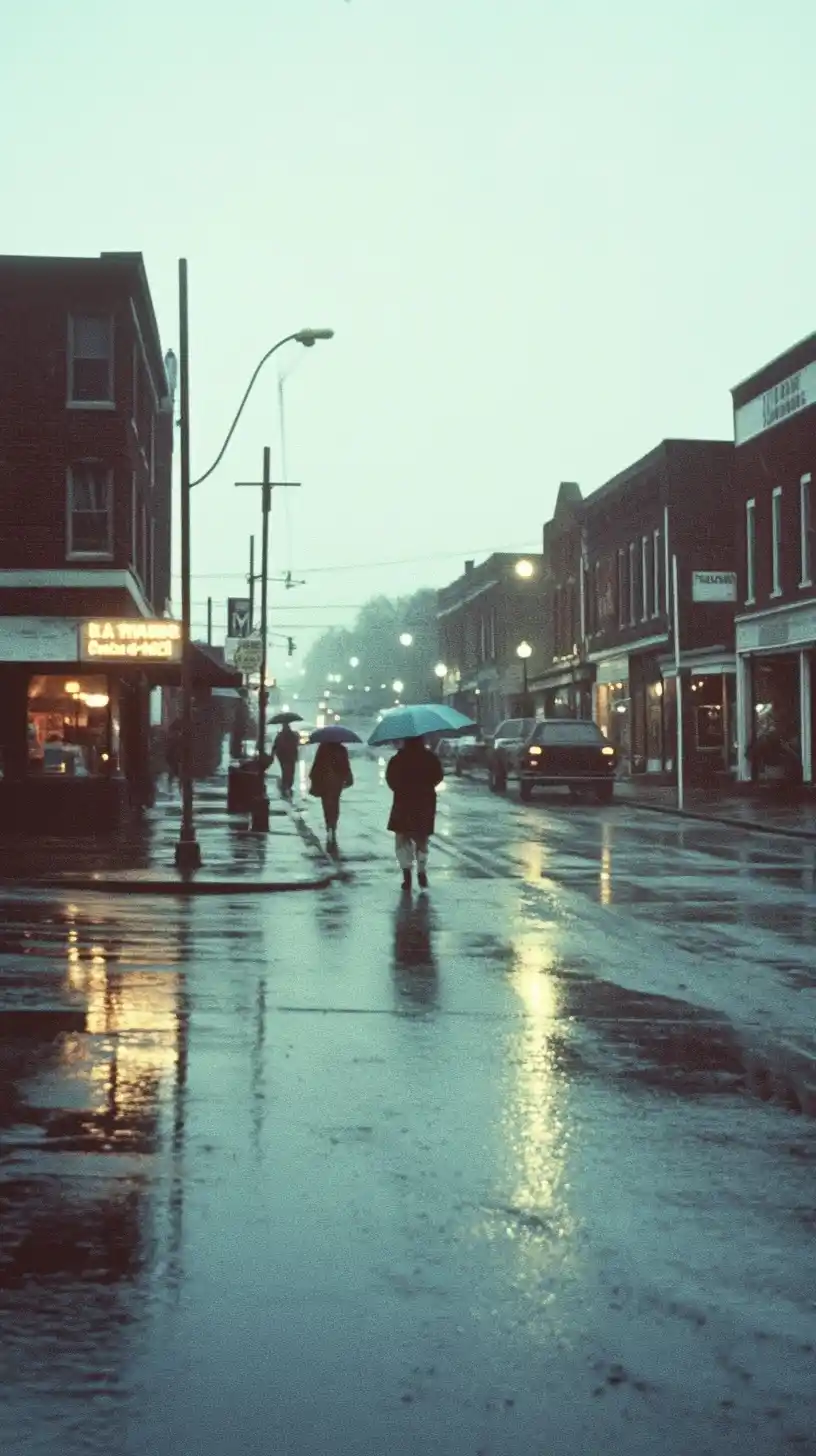 Nostalgic Rainy Town Scene Midjourney提示词