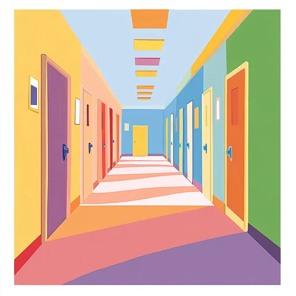 Playful School Hallway Illustration Midjourney提示词