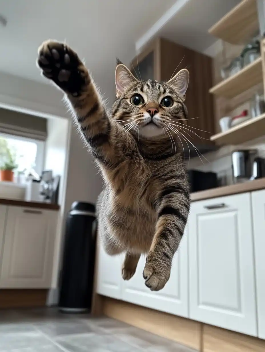 Playful Tabby in Kitchen Midjourney提示词