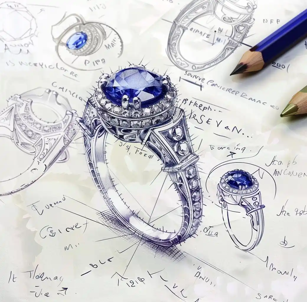 Handdrawn Sapphire Ring Design Midjourney提示词