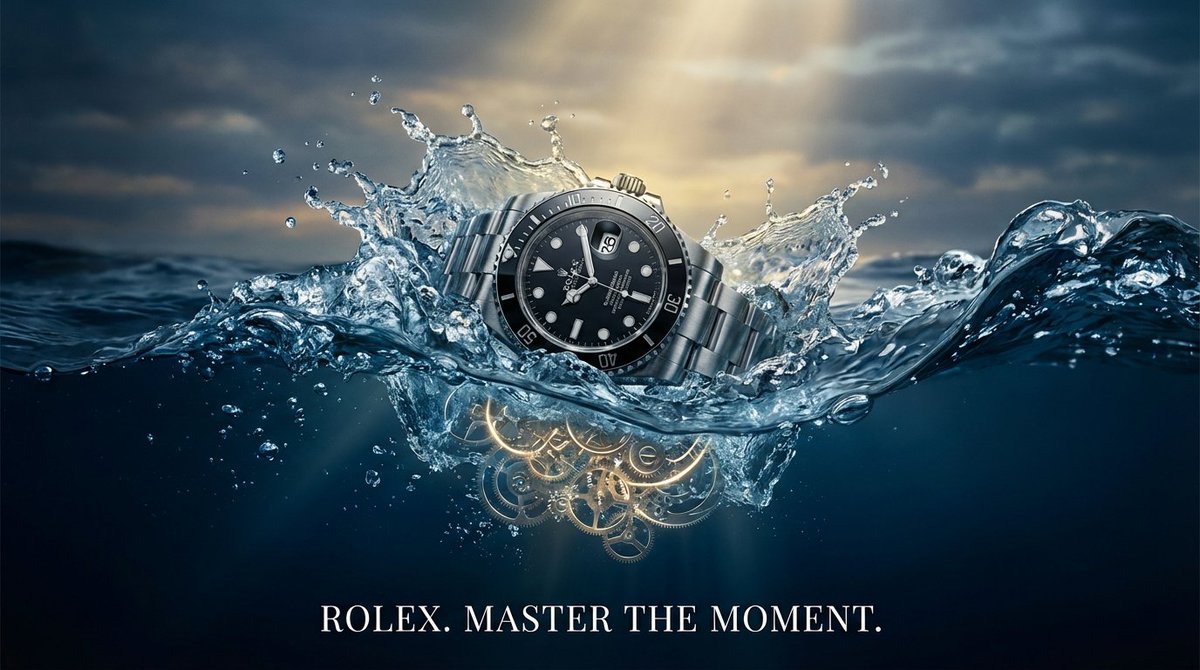 Rolex Watch Water Splash Ad: Luxury Dive Watch Photography Nano Banana提示词
