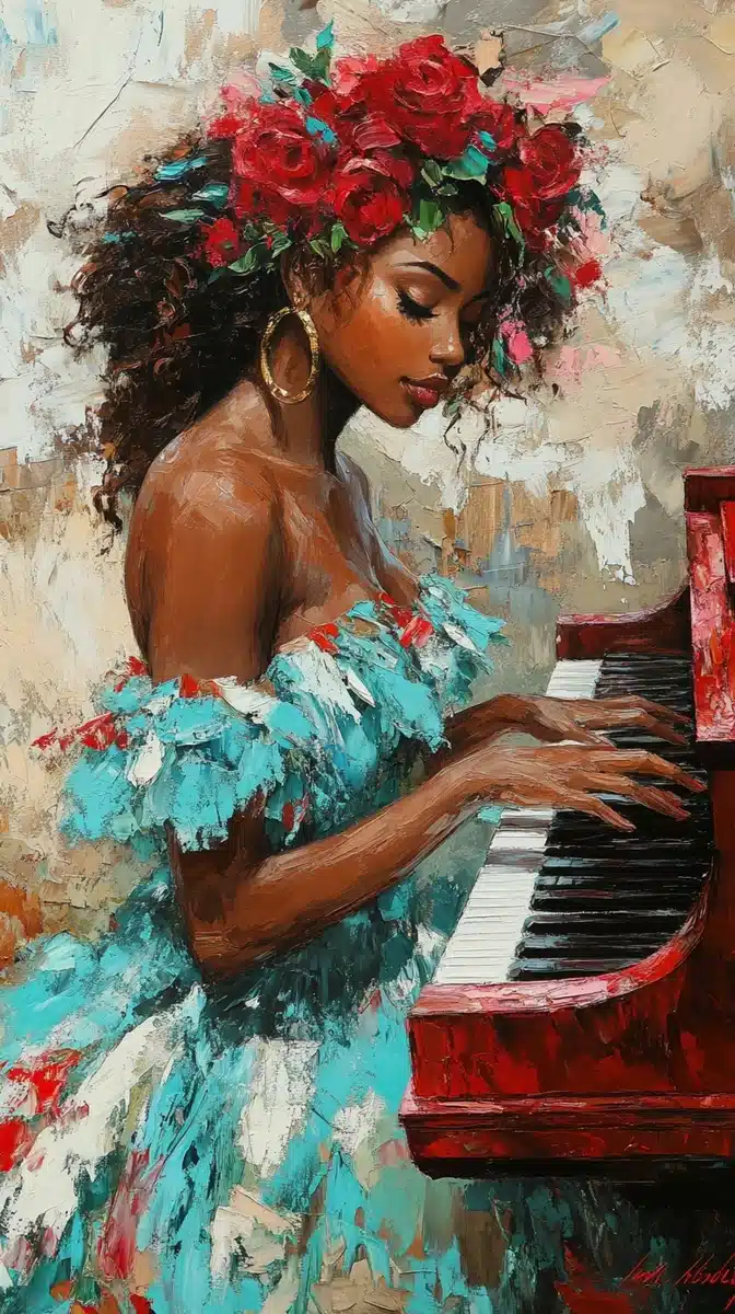 Impressionistic Black Pianist Portrait Midjourney提示词