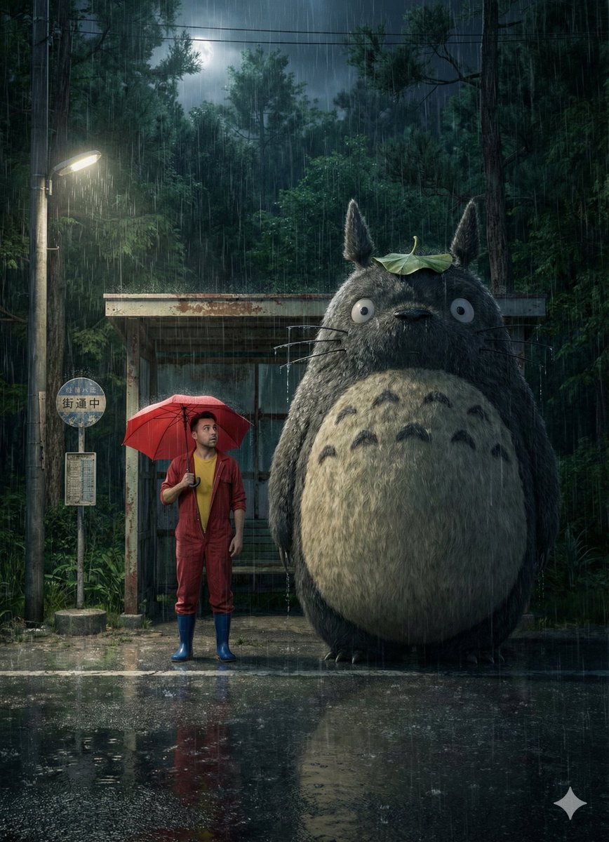 Totoro & Man at Rainy Bus Stop - My Neighbor Totoro Art Nano Banana提示词