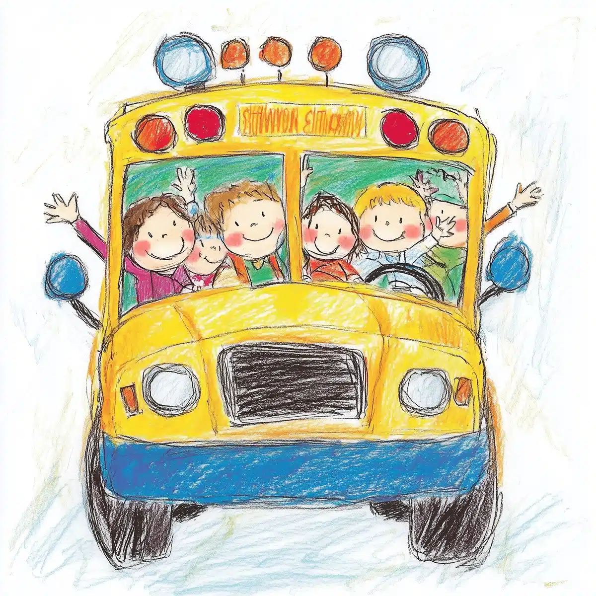 Playful Crayon School Bus Midjourney提示词
