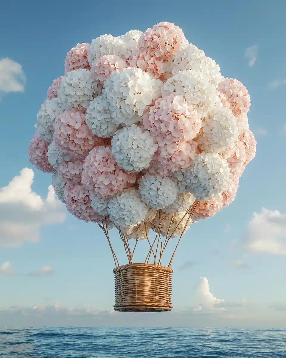 Hydrangea Balloon Over Sea Midjourney提示词