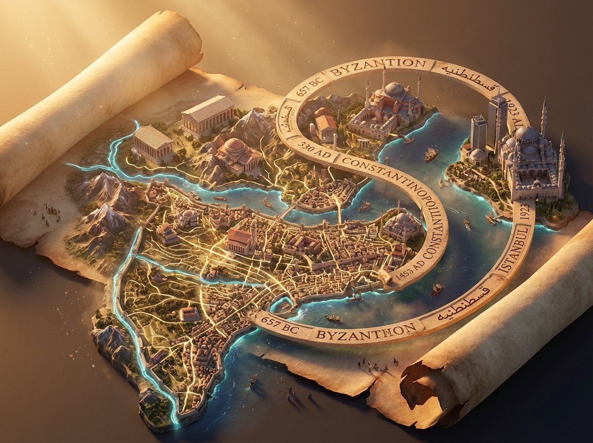 City Evolution: Byzantion, Constantinople, Istanbul Map Nano Banana提示词