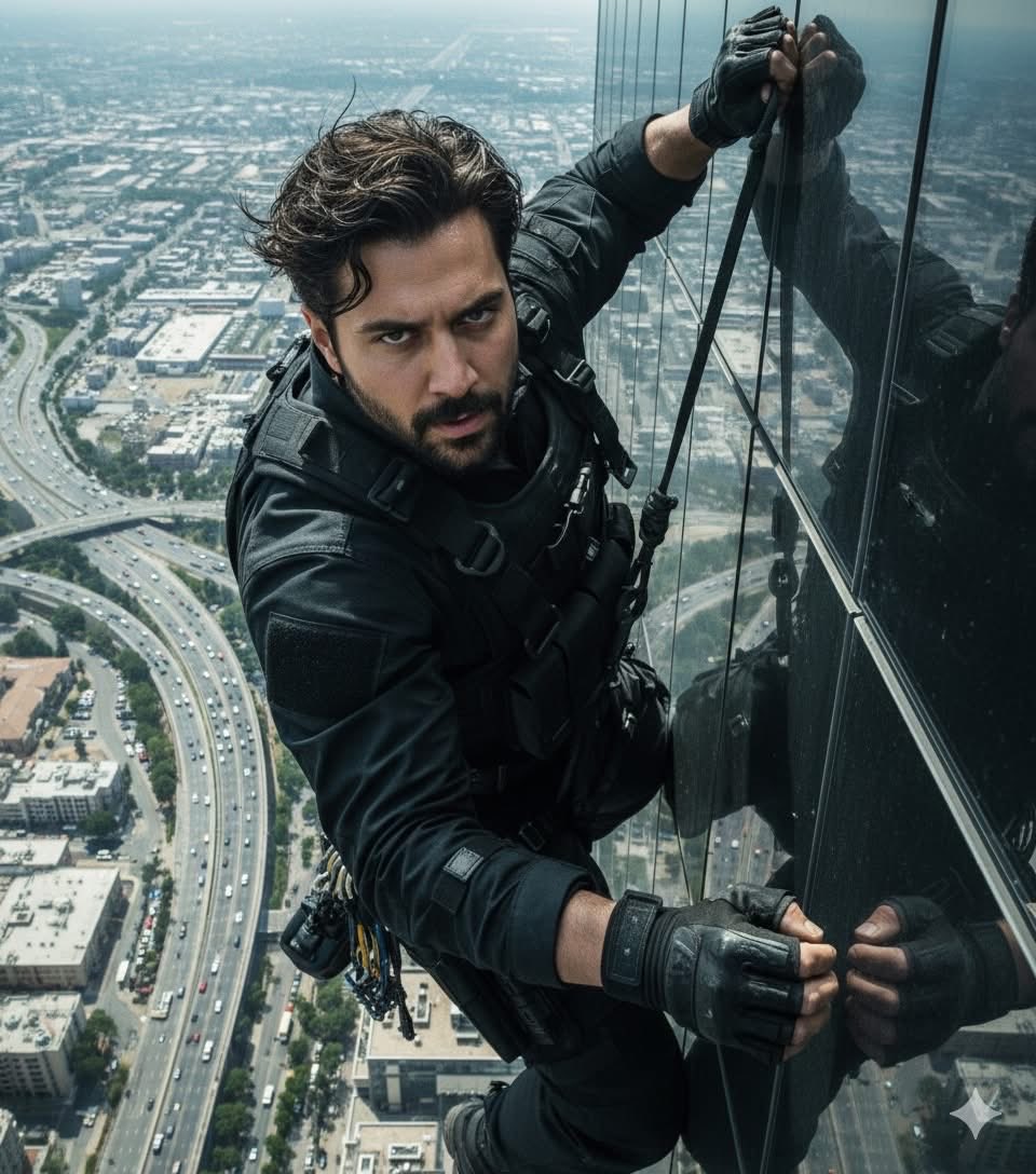 Man Climbing Skyscraper | Cinematic Action Scene | Urban View Nano Banana提示词
