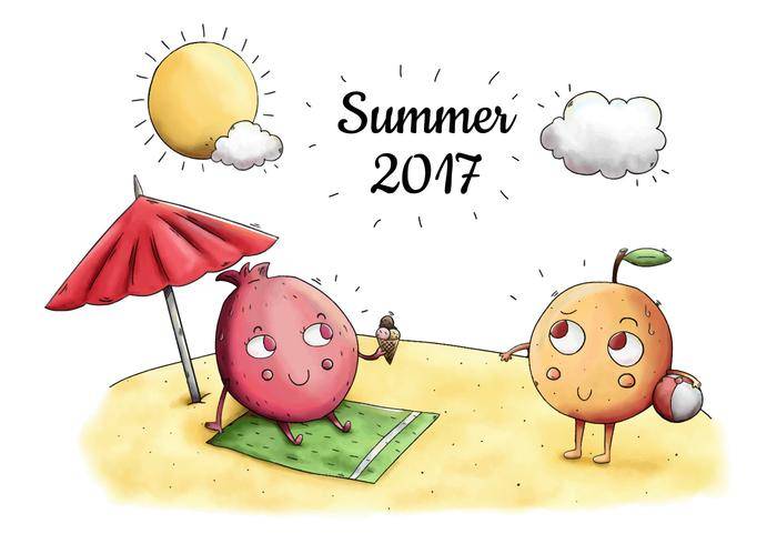 可爱的海滩场景与太阳在夏天的可爱人物果实