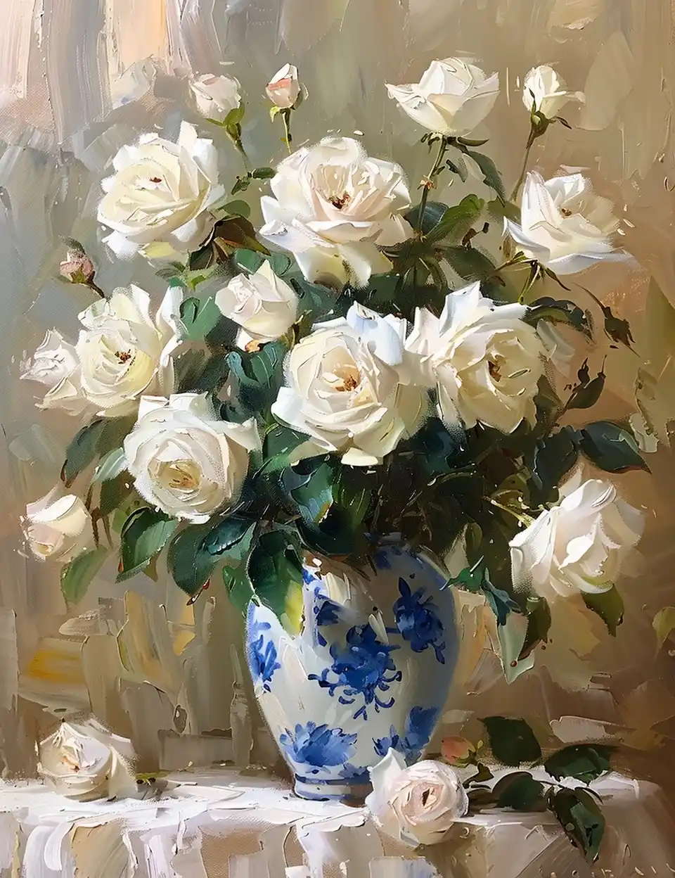 White Roses Oil Painting Midjourney提示词