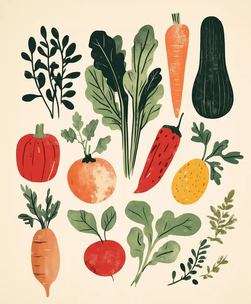 Vegetable Illustration in Arsenault Style Midjourney提示词