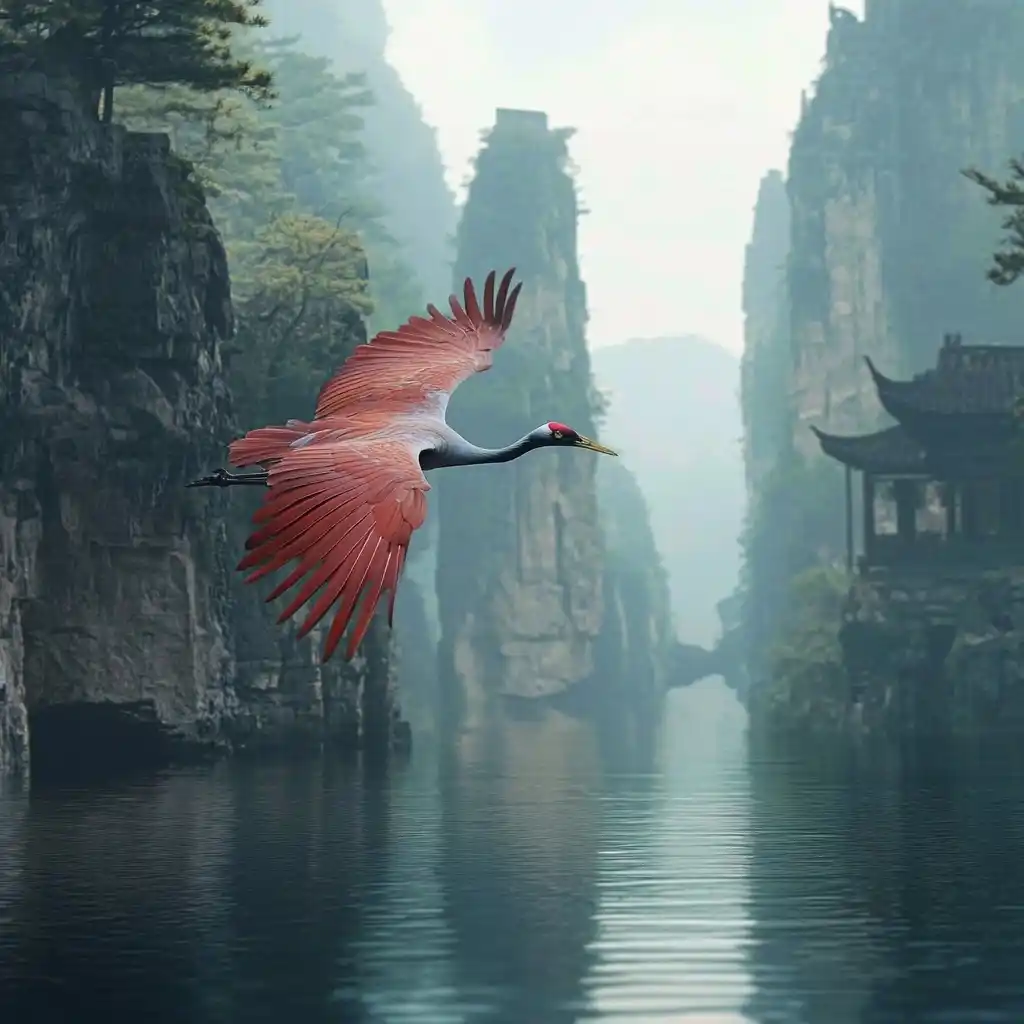 Crane Flying Ahead Scene Midjourney提示词
