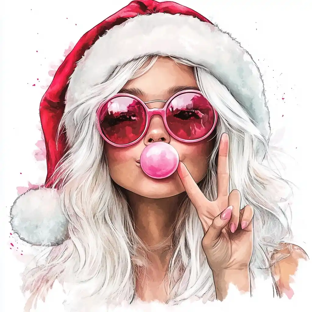 Watercolor Girl in Santa Hat Midjourney 提示词生成效果
