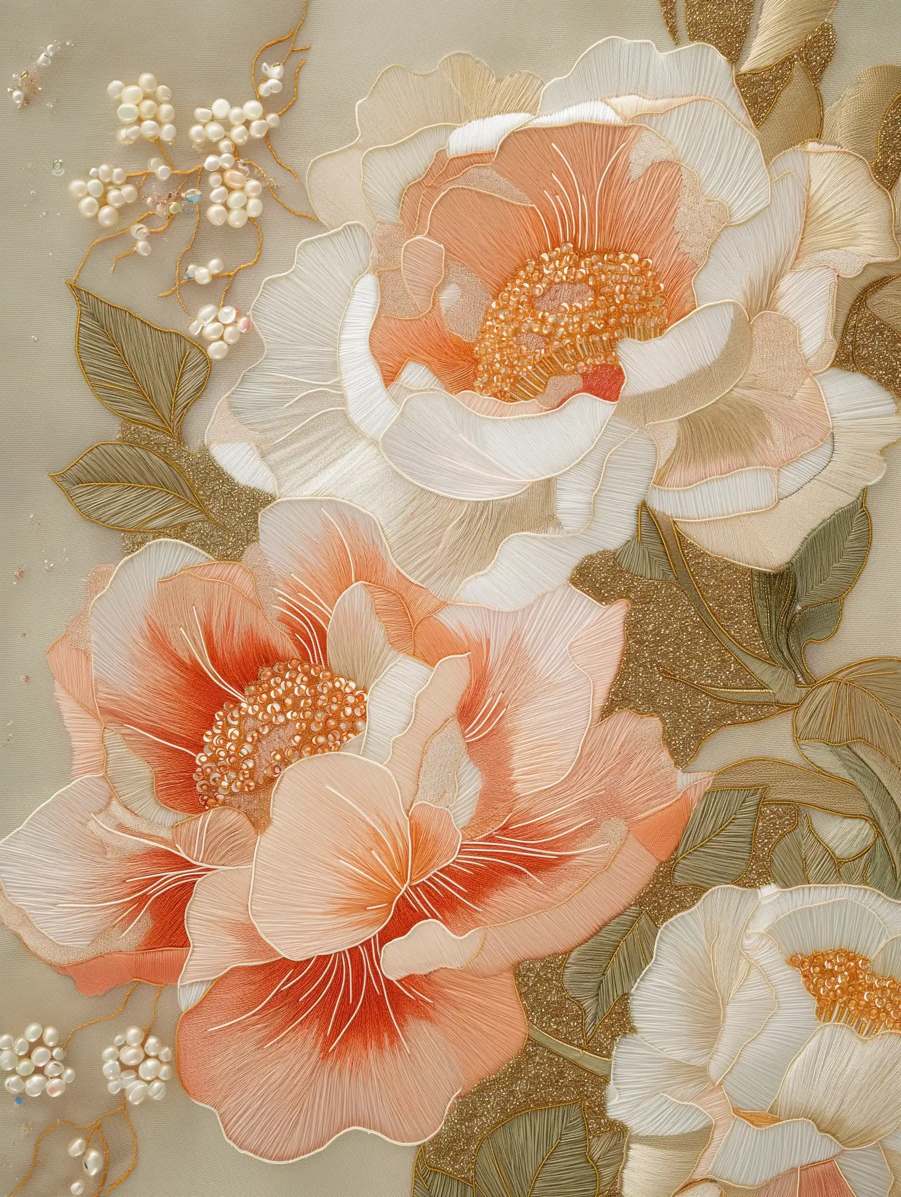 Minimalist Peony Embroidery Midjourney提示词