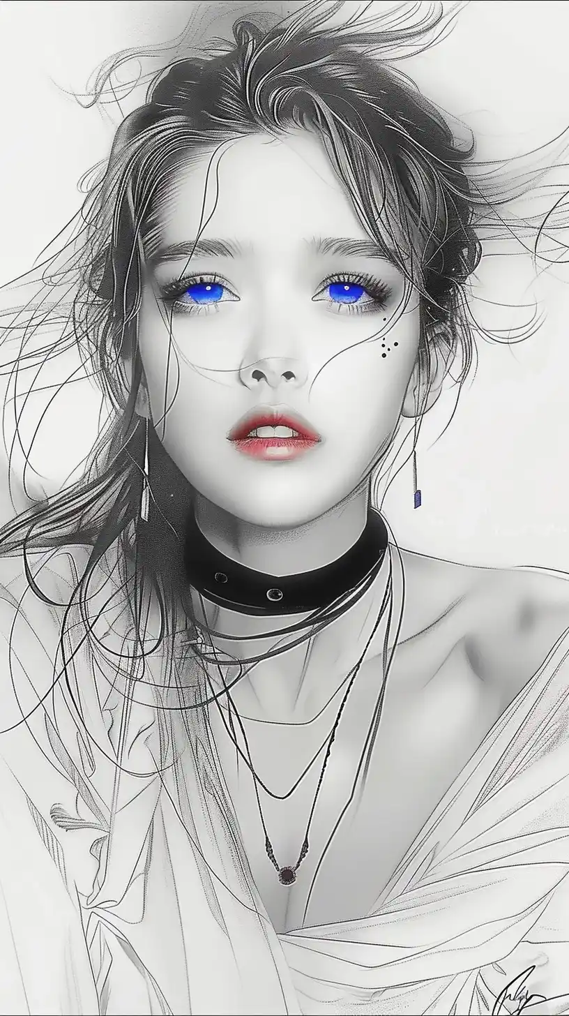 Elegant Blue-Eyed Woman Sketch Midjourney提示词