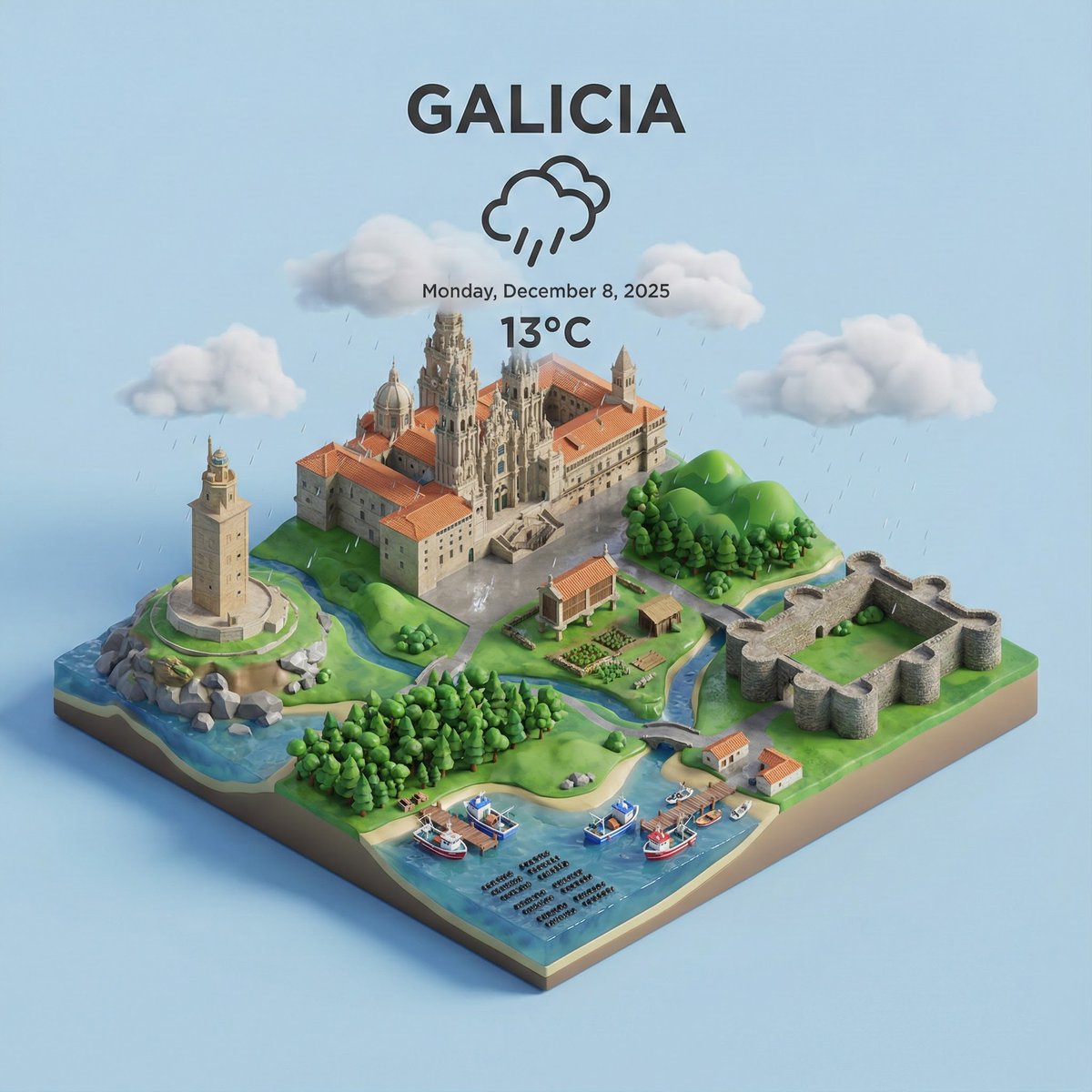 Galicia Spain 3D Isometric Landscape Weather Forecast Nano Banana提示词