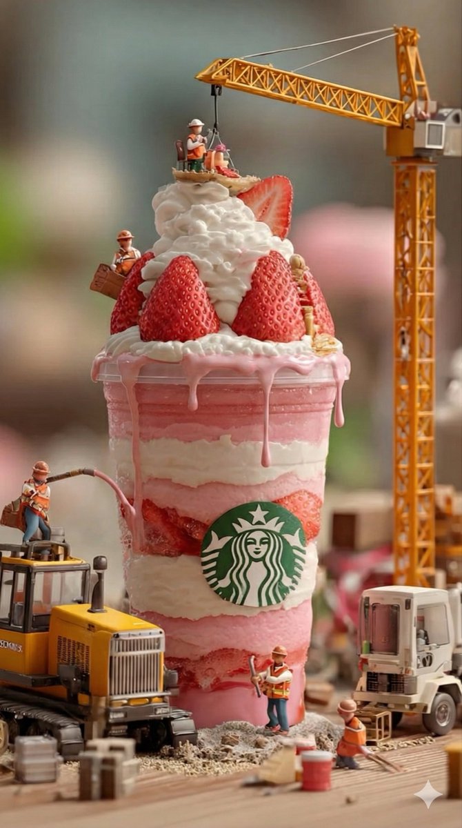 Whimsical Miniature Construction on Strawberry Drink Nano Banana提示词