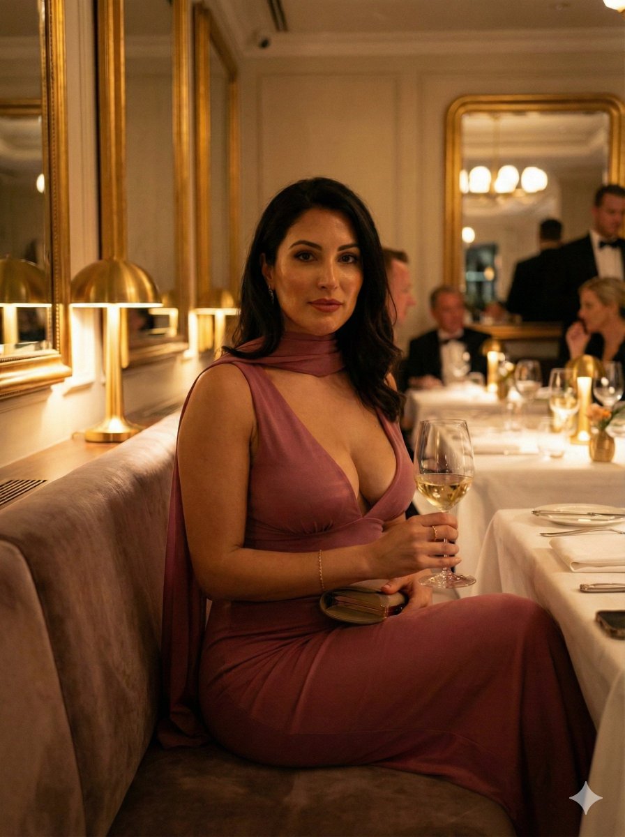 Elegant Woman in Formal Dress at Sophisticated Restaurant Nano Banana提示词