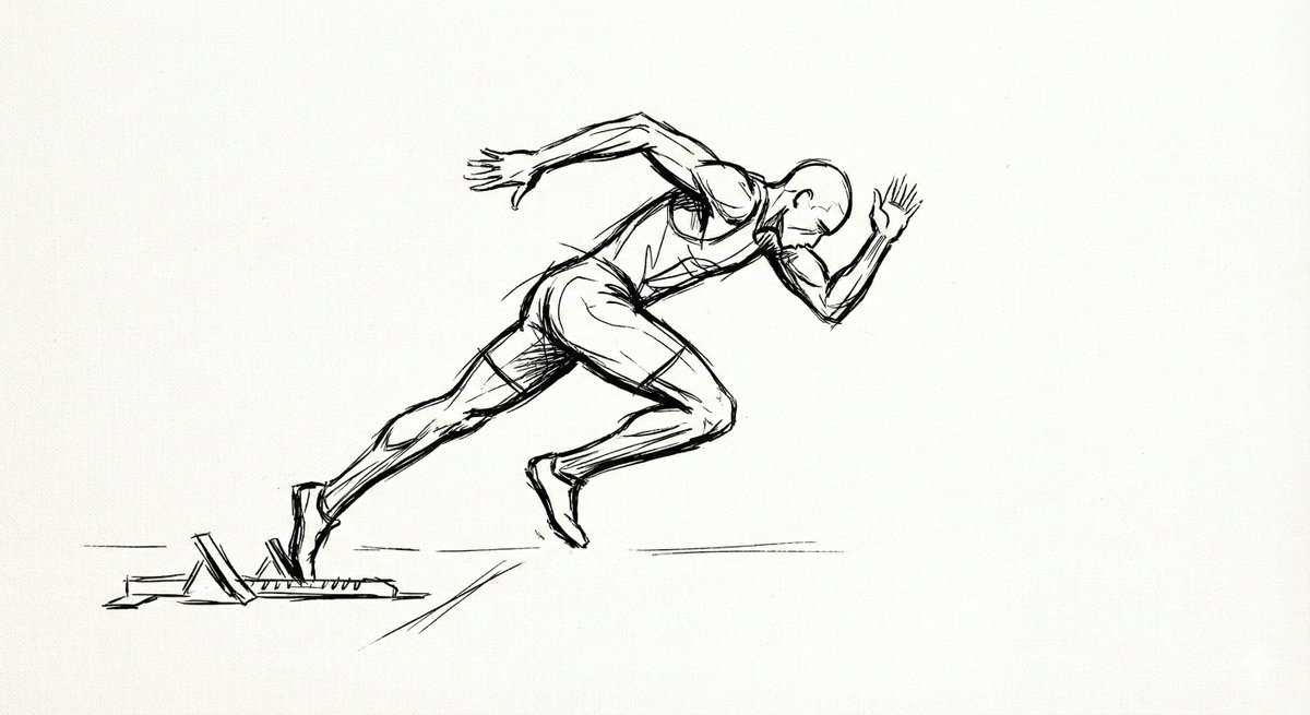 Dynamic Sprinter Sketch: Line Art Athlete in Starting Block Nano Banana提示词