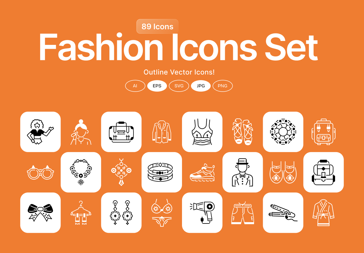 时尚与珠宝线性图标89枚，89 Fashion & Jewelry Icons