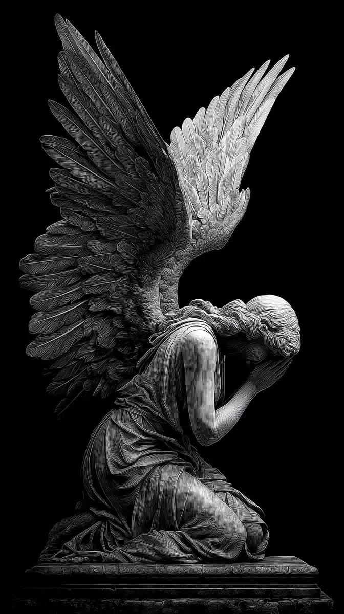 Grayscale Angel Praying Design Midjourney提示词