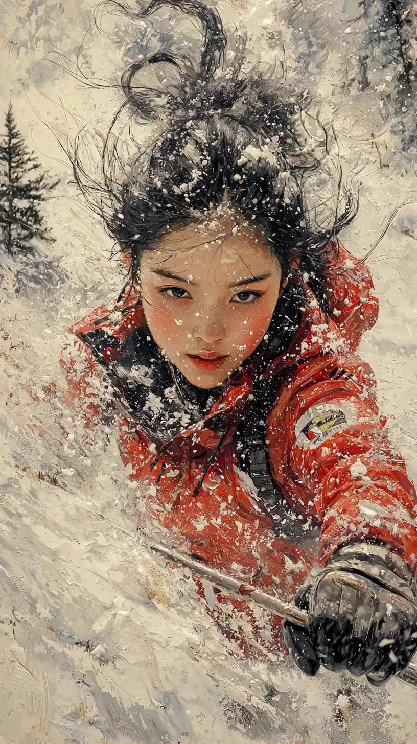 Chinese Girl Skiing Altay Midjourney提示词
