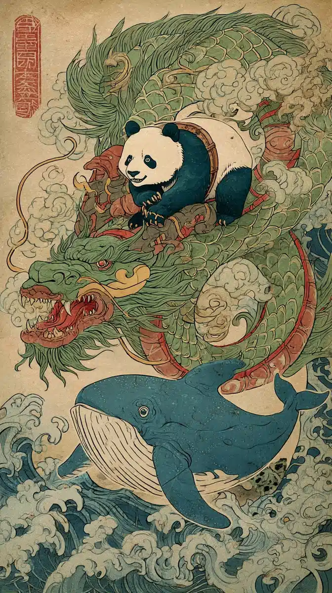 Panda and Dragon Ukiyo-e Midjourney提示词