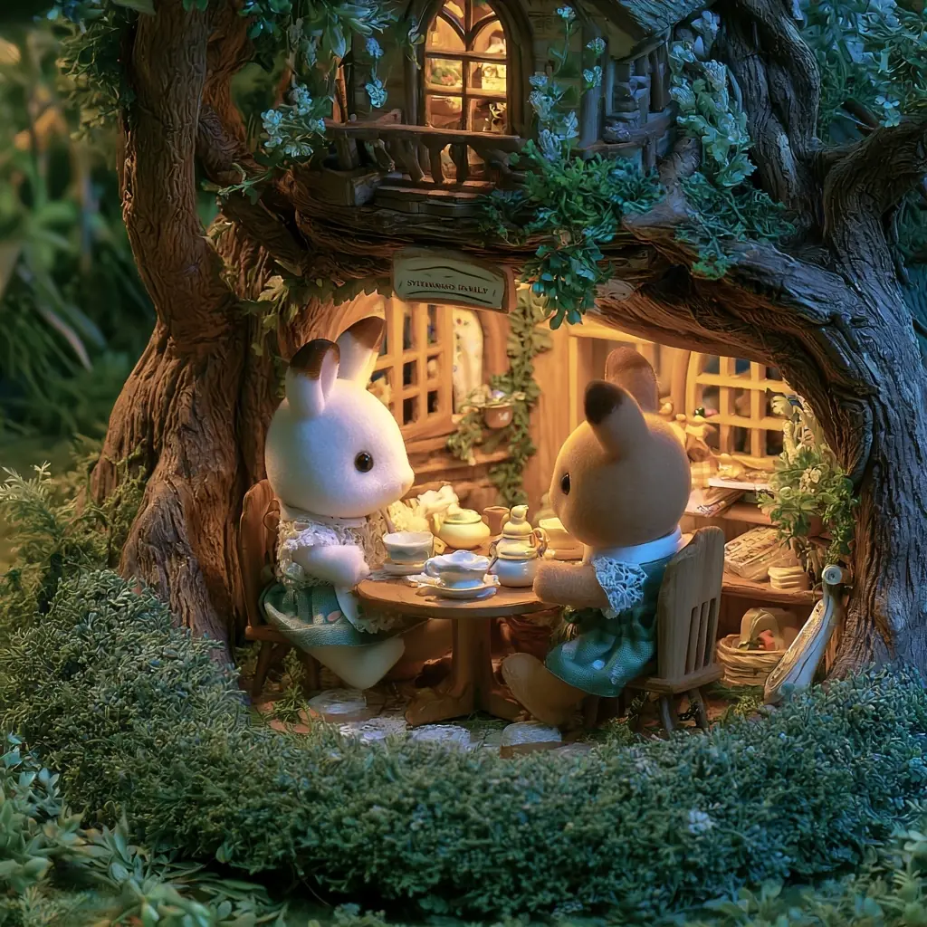Felted Animals Treehouse Tea Midjourney提示词