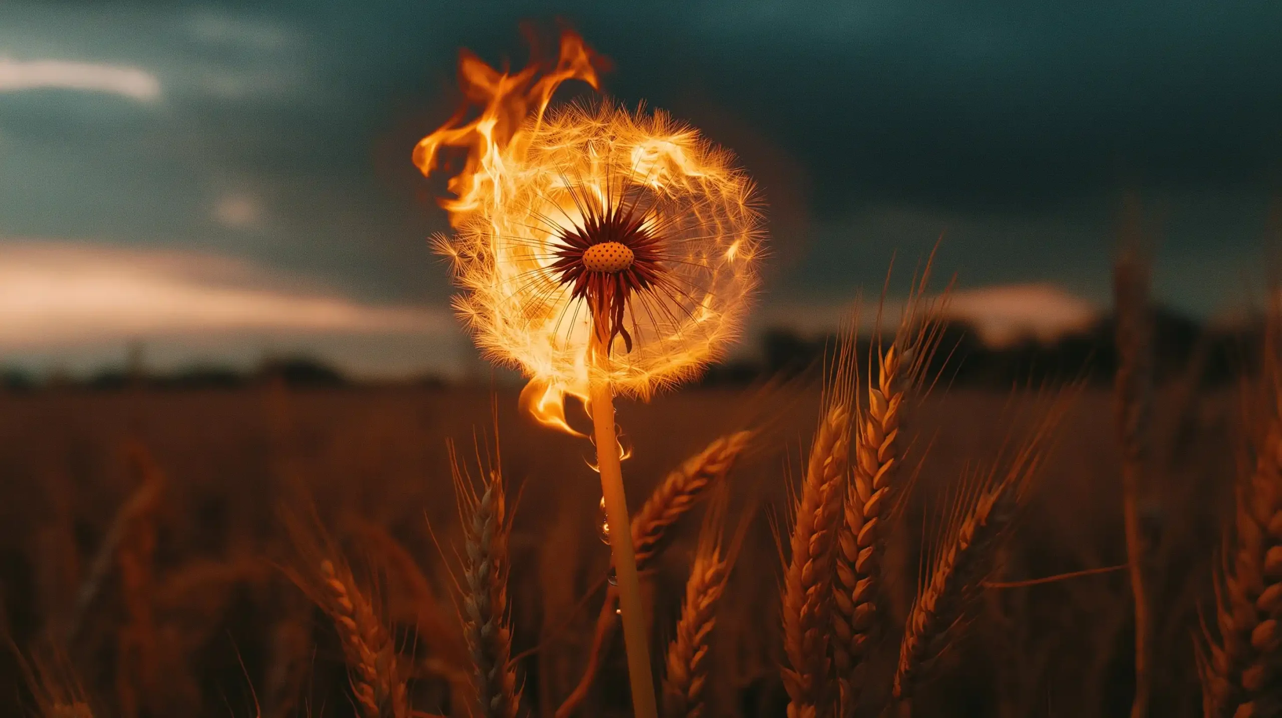 Fiery Dandelion in Wheat Midjourney提示词