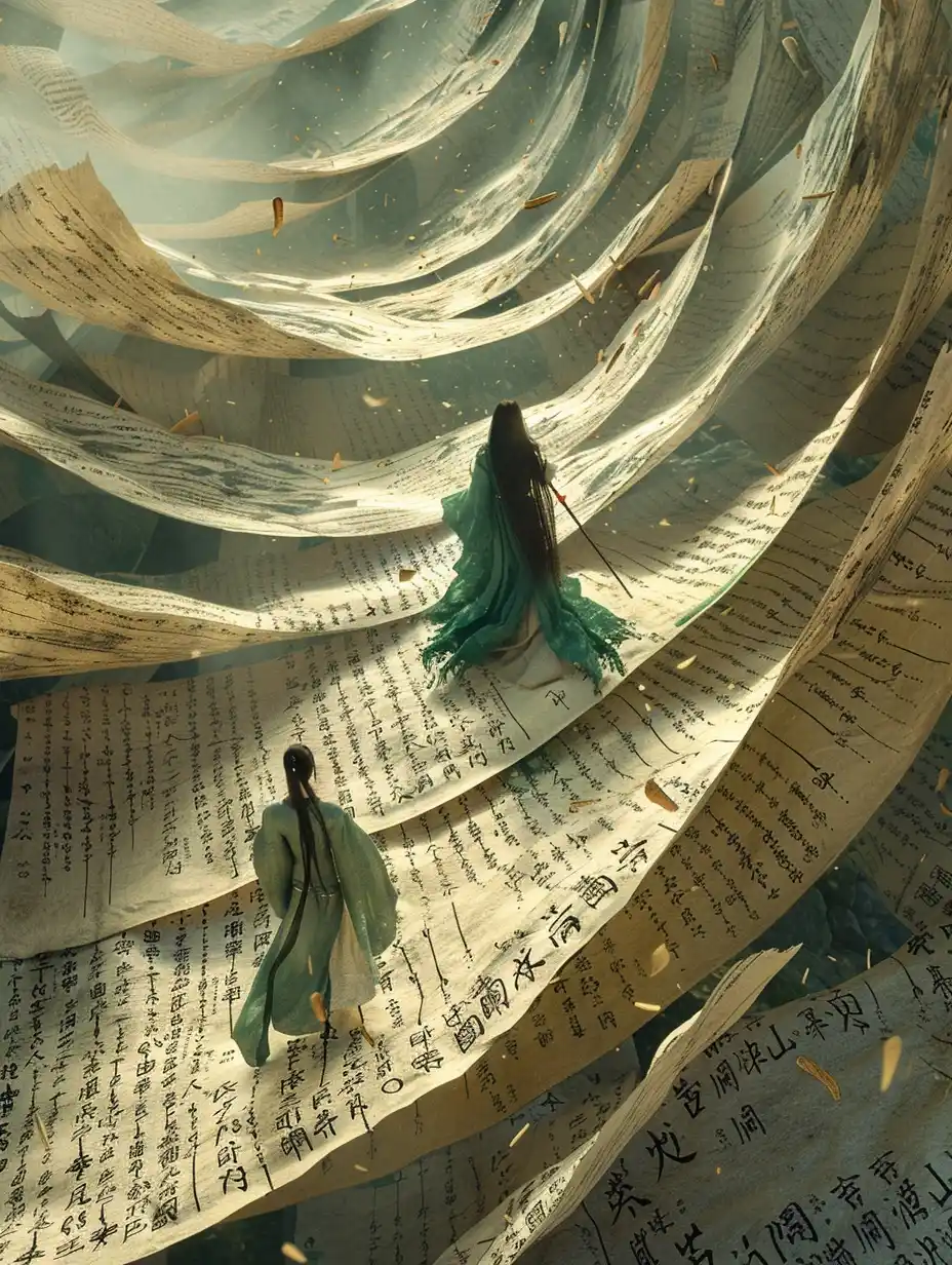 Ancient Chinese Woman on Scrolls Midjourney提示词