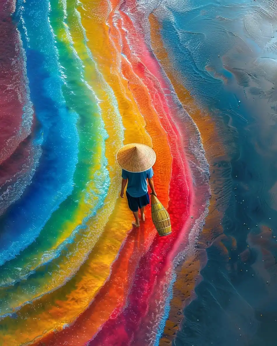 Surreal Hat Walker on Rainbow Beach Midjourney提示词