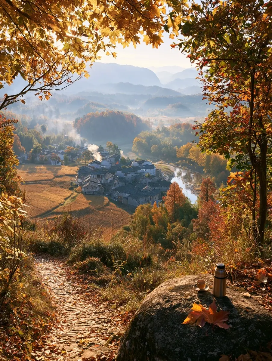 Autumn Chinese Village Landscape Midjourney提示词