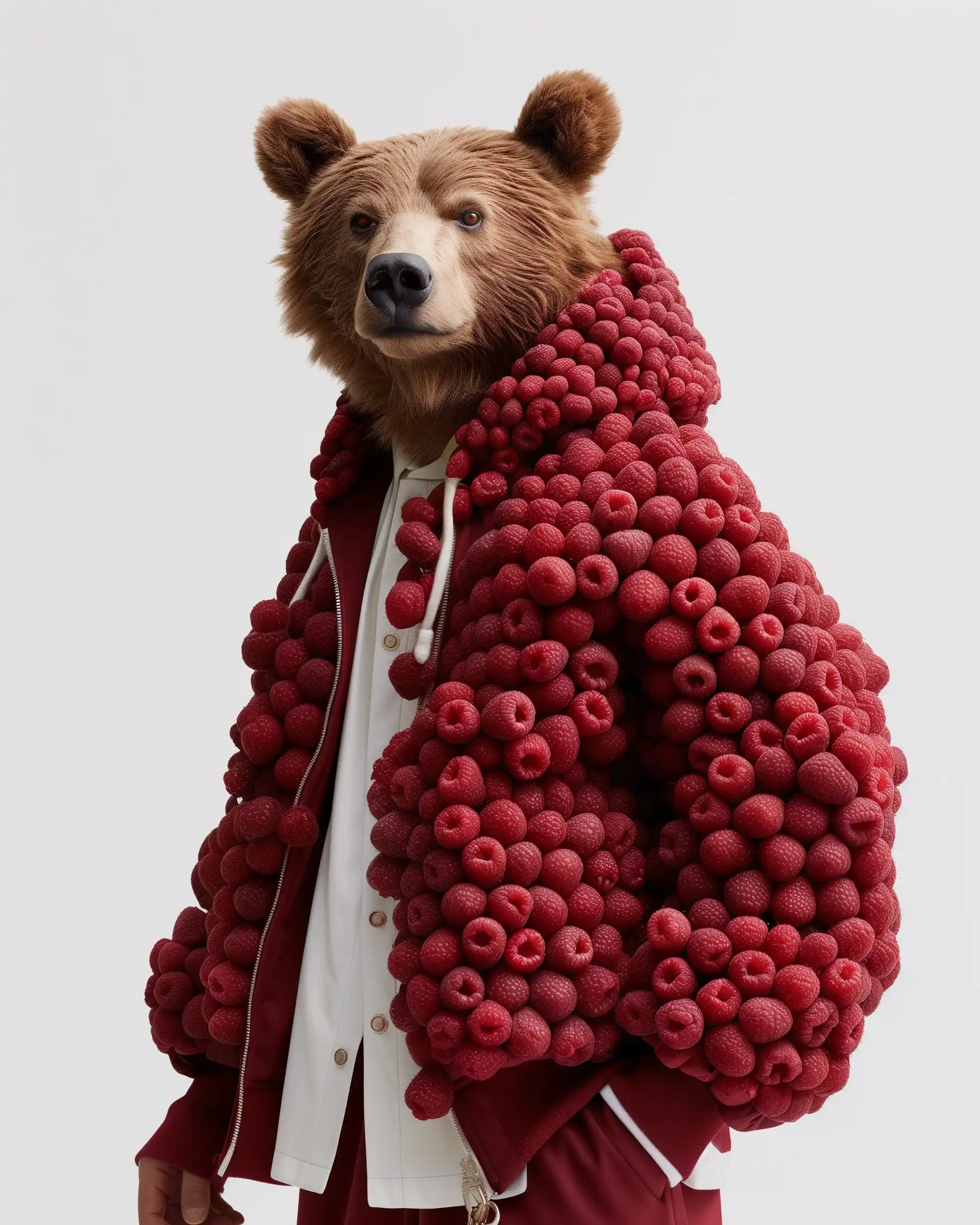 Realistic Bear in Raspberry Jacket Midjourney提示词
