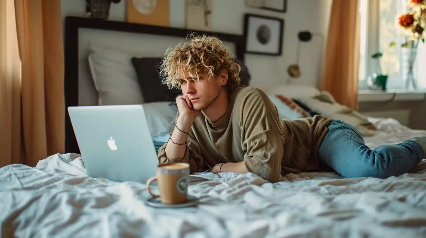 Curly Haired Male on Bed Midjourney提示词
