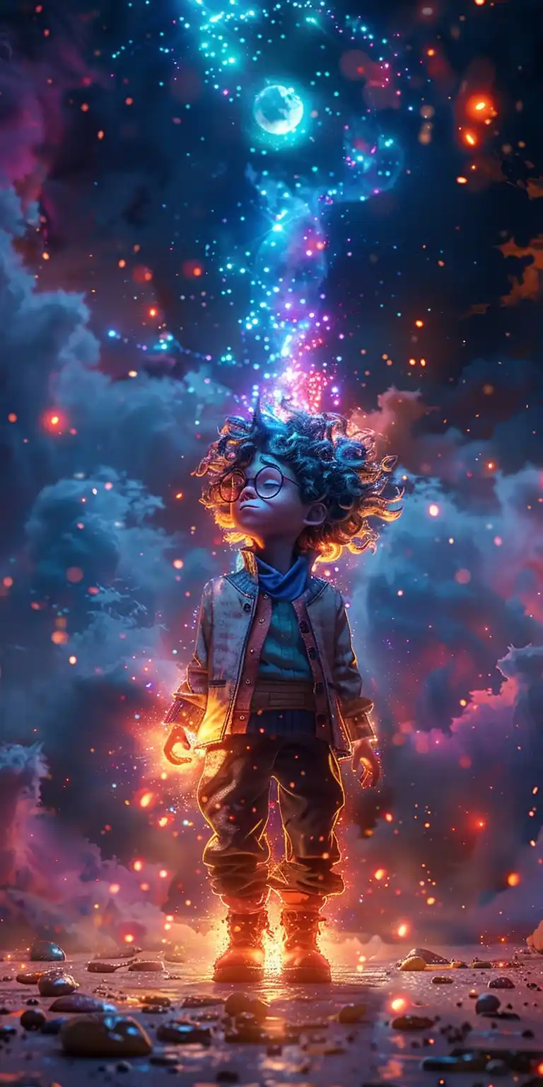 Neon Magician Boy Midjourney提示词