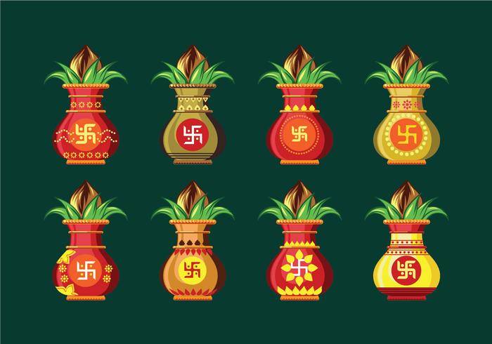 设置卡拉什与椰子和芒果叶的矢量图