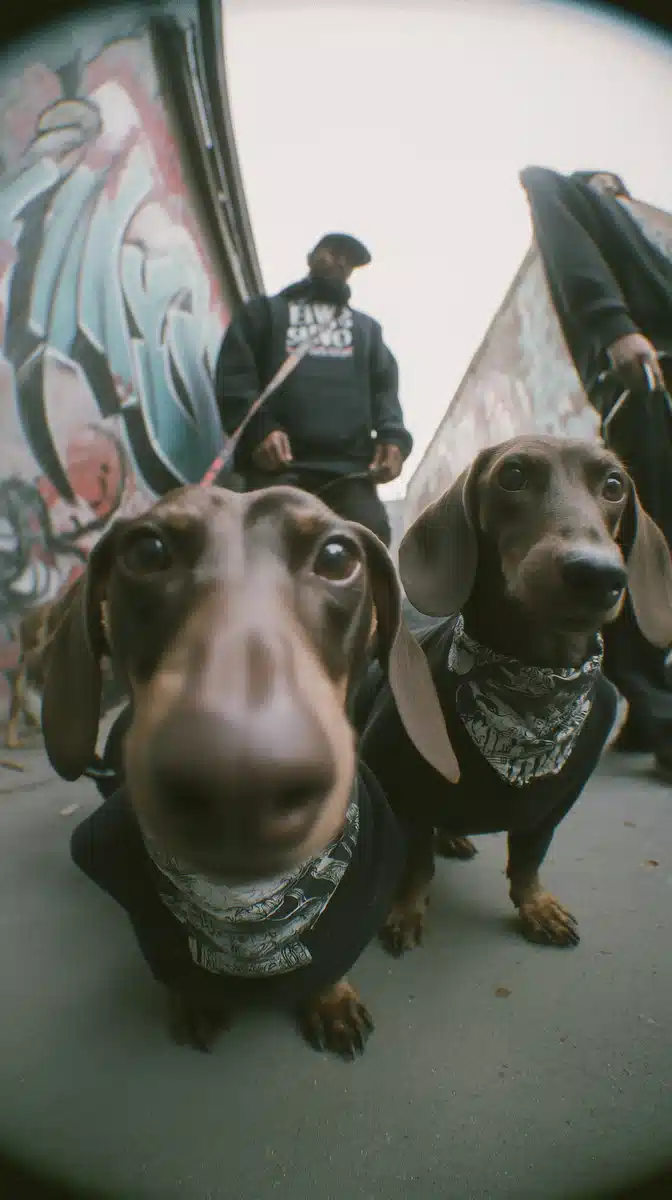 Angry Dachshunds in Hoodies Midjourney提示词