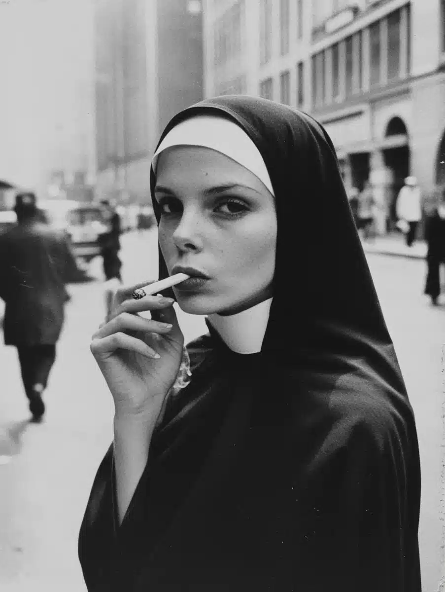 Vintage Candid Nun Smoking Midjourney提示词