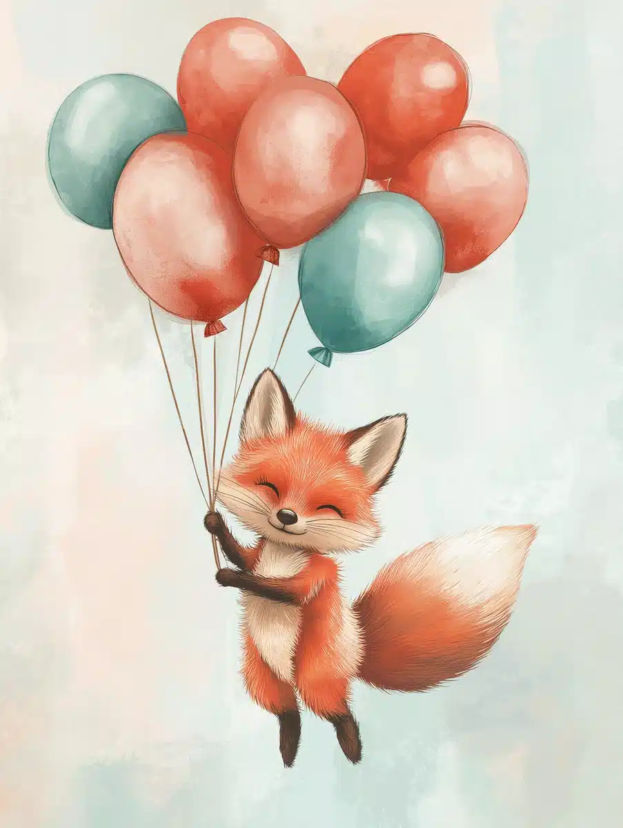 Fox Cub with Balloons Illustration Midjourney提示词